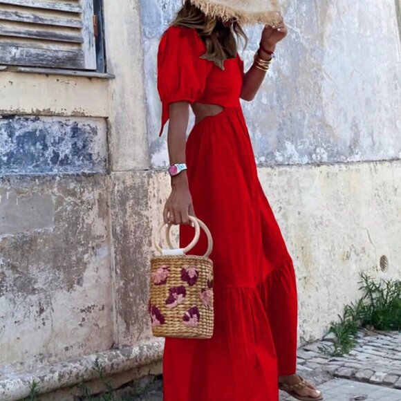 Red Casual Women's Solid Color Square Neck Short Sleeve Dress - Picture 3 of 4